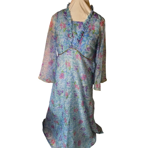 Dresses & Skirts - Vintage‎ 60s Mad Men flower Dress Set, Sheer Layered Gown Bell Sleeve S/M
